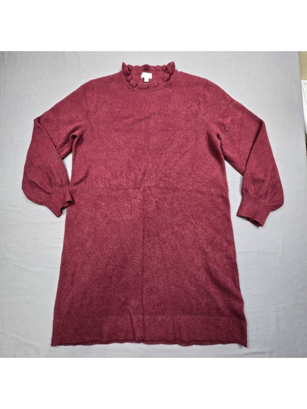 J Crew XL Sweater Dress Burgundy Extra Soft Knit Ruffle Collar Long Sleeve